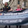 ITF banner &quot;ships of shame&quot; being carried at a protest